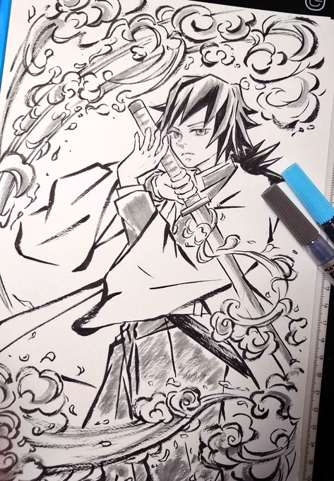🌊さんアナログ墨絵🖌️練習してみた
水エフェクト筆で描くの難しい💦 