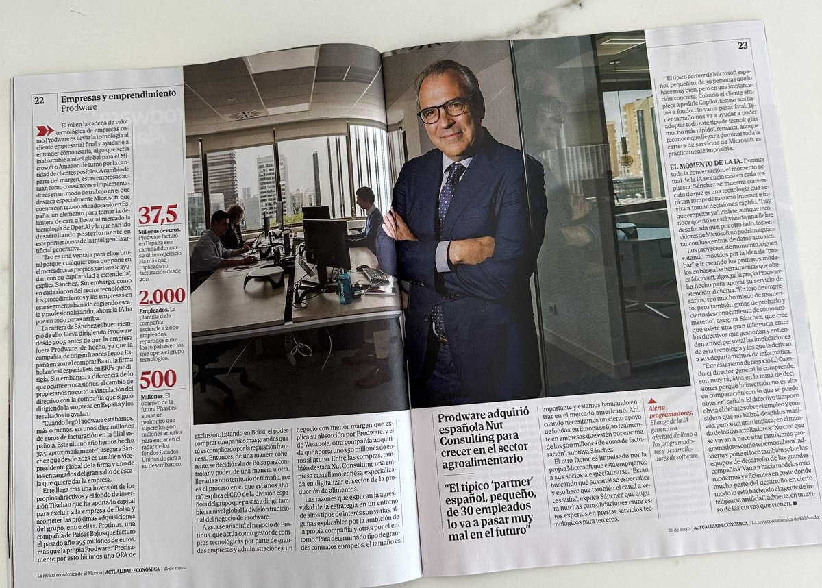 ChemSanch's tweet photo. Entrevista en la sección de Empresas y Emprendimiento de @laeconomica con @elmundoes. Estupenda conversación sobre #IA, crecimiento, innovación y la velocidad de los cambios, con @Josem_nuwanda @ProdwareES https://t.co/JT0MjJOQGk
