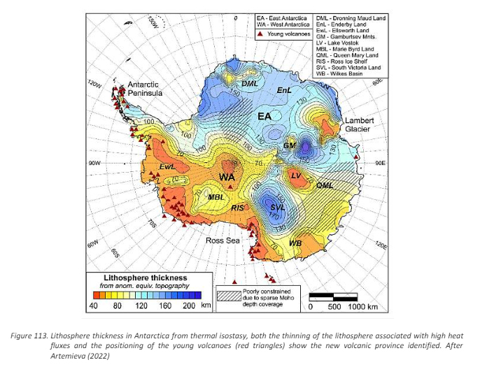 A new volcanic province with 138 volcanoes has been discovered under West Antarctica where sits the Thwaites Glacier (75°40′S 106°60′W) close to Ellsworth Land (EwL). Subglacial melt arises by volcanic heat beneath (Loose et al., 2018). Fig. 113, p 259 of 'The Rational Climate'