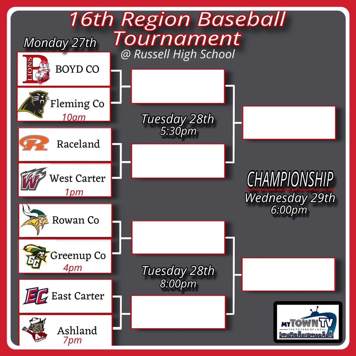 The stage has been set and it all kicks off for the #CountyBoys Monday morning at 10am against Fleming Co. Come out and support your Lions in the 16th Region Tournament at Russell High School. Should be a day full of great and exciting baseball!