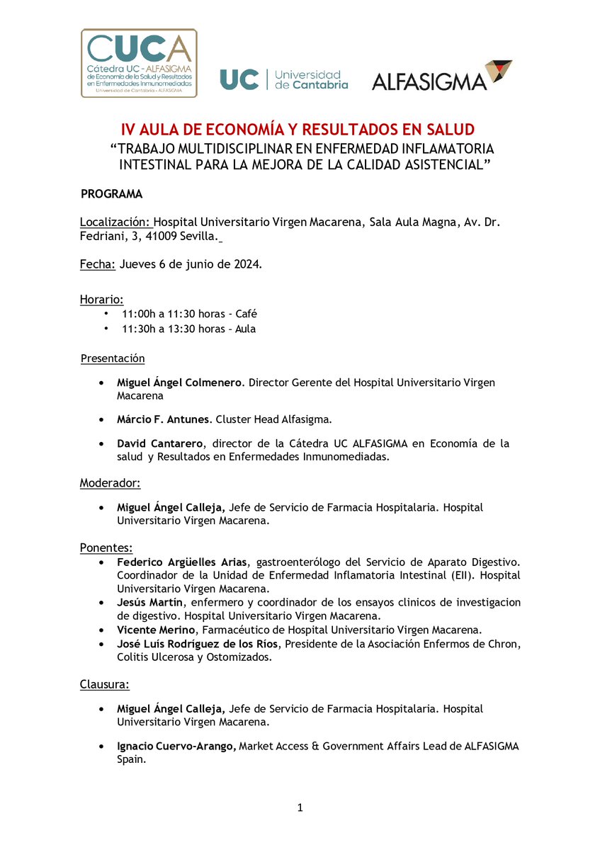 💜 19 MAYO | #DíaMundialEII 💜

El 6 de junio en el Aula Magna del @HUVMacarena, mesa redonda con la 'Cátedra UC - Alfasigma en Economía de la, Salud y Resultados en Enfermedades Inmunomediadas', 
Te esperamos!

#VisibilidadEII #Crohn #ColitisUlcerosa #Ostomía