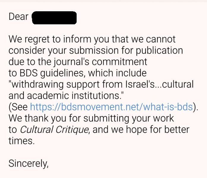 Individual #Israeli scholars #blacklisted by #academic journals. Not only is this collective punishment, but an outright attack on #AcademicFreedom & objectivity. Silencing voices based on nationality is hypocritical & undermines principles of open discourse @CulturalCritiq1 #BDS