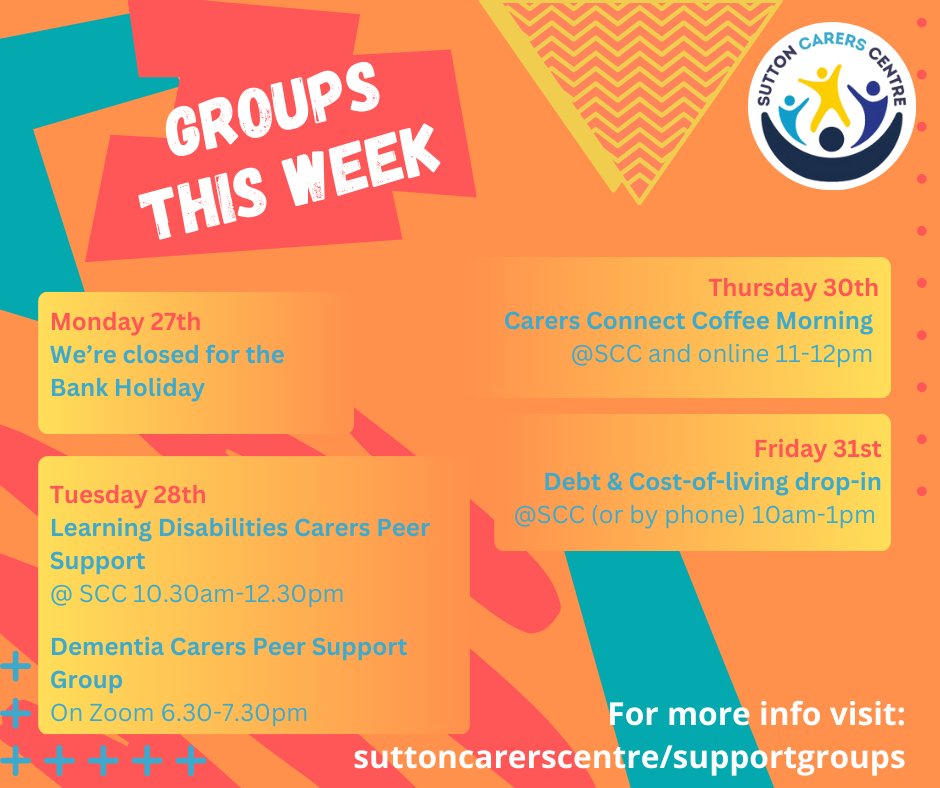 It's bank holiday on Monday, so open on Tuesday with two groups: our #unpaidCarers #LearningDisabilities Support Group @ SCC and #DementiaCarers online Zoom from 6.30pm. If you're struggling or need to ask a question, get in touch, otherwise have a good week 😎🌻☀️