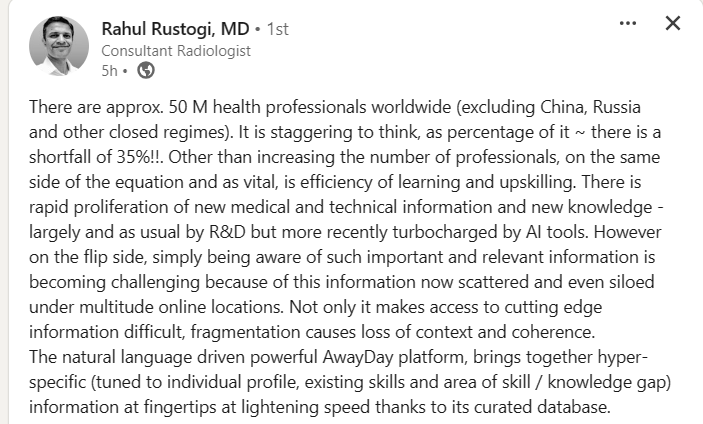 ranjrustogi's tweet photo. 1/5 Insightful thoughts from my co-founder &amp; brother on @awaydayai's mission to solve the #multibillion dollar #healthcare #workforce crisis. The 35% projected shortage of 50M health workers globally demands urgent action
#healthcareincrisis #cme #cpd #medicalprofessionals https://t.co/3T8C62thYC