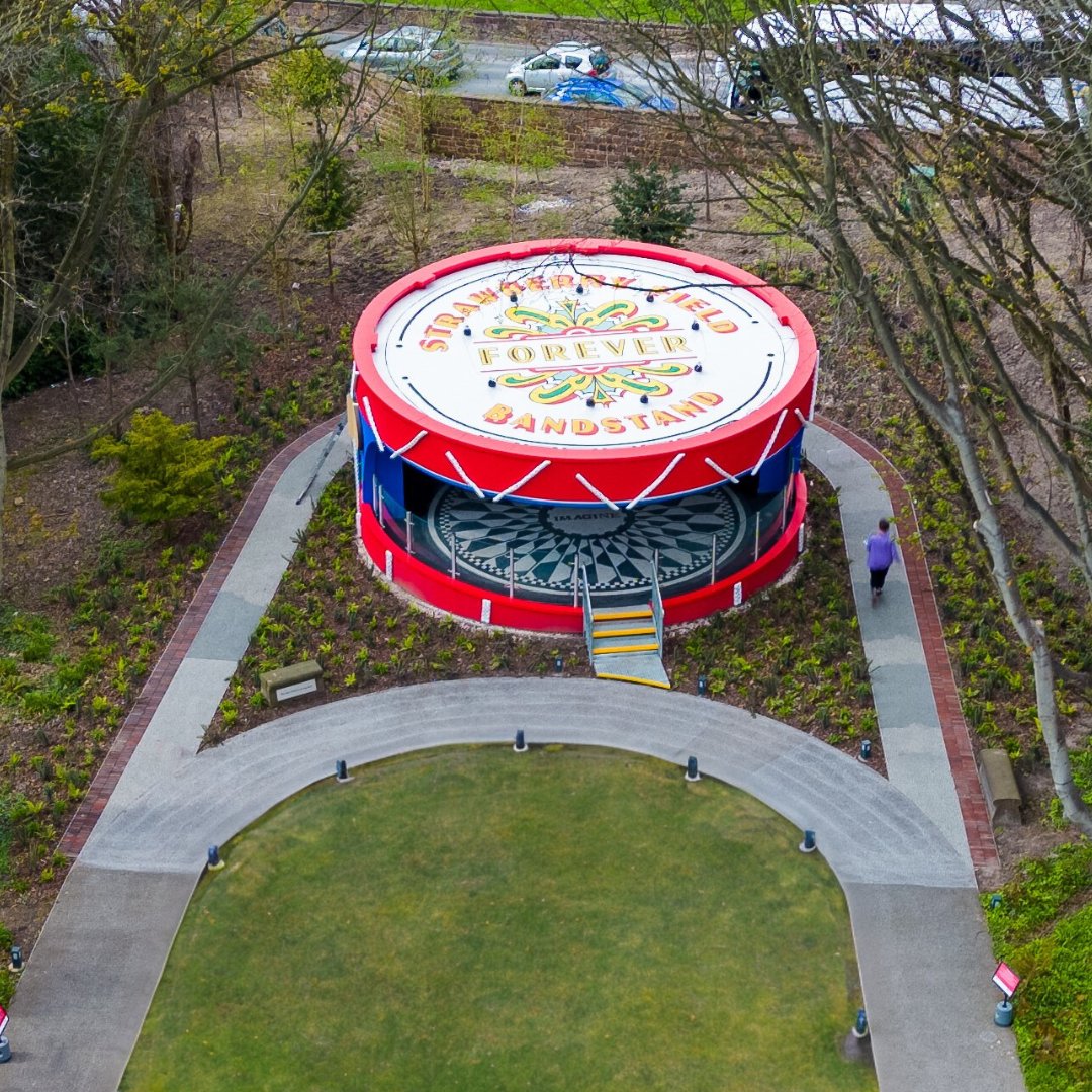 Sgt. Pepper's Lonely Hearts Club Band was released 57 years ago today! This iconic album's cover inspired the design of the Strawberry Field Bandstand, which will play host to many great bands this summer. Find out more: strawberryfieldliverpool.com/strawberry-fie… 📸 - @Jg_Drones