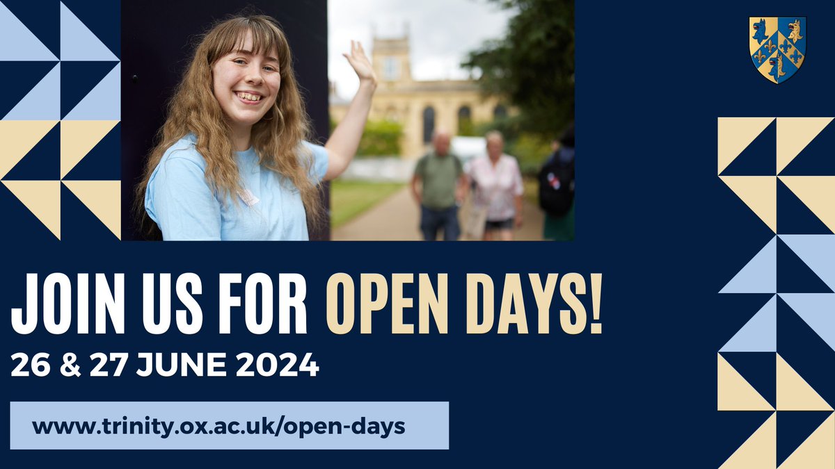 One month to go until @UniofOxford Open Days! We can't wait to welcome lots of prospective applicants to see what study and life are like in an Oxford college; check out our website to book onto events and plan your day: trinity.ox.ac.uk/open-days