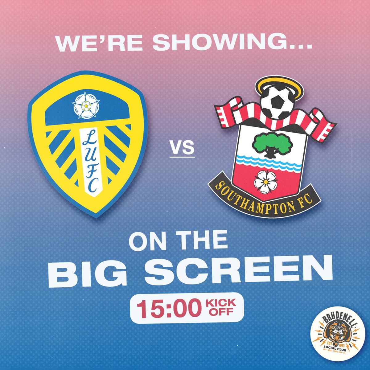 Today's the big day. We'll be showing Leeds United on the big screen. ⚽️ 🤞🏻 15:00 kick-off. See you then! ⚡️