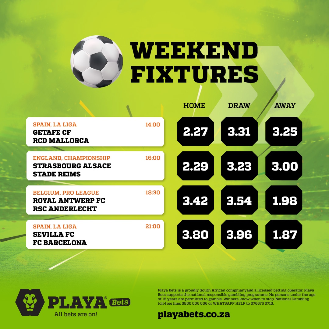 Selected football fixtures with odds to add to your MultiBet today 💚 Who's your pick to win? 🤔 Play Now: playabets.click/o/r8rslU *odds subject to change. #PlayaBets