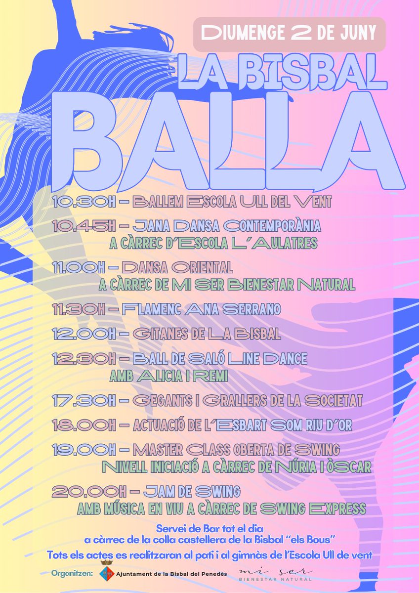 CULTURA | 💃🕺El diumenge de la propera setmana, el 2 de juny, torna 'La Bisbal Balla' amb una programació de luxe durant tot el dia, amb dansa i ball per a tots els gustos.
🥤🍺Hi haurà barra durant tot el dia càrrec dels @BousBisbal
 #LaBisbalDelPenedès #BaixPenedès #Penedès