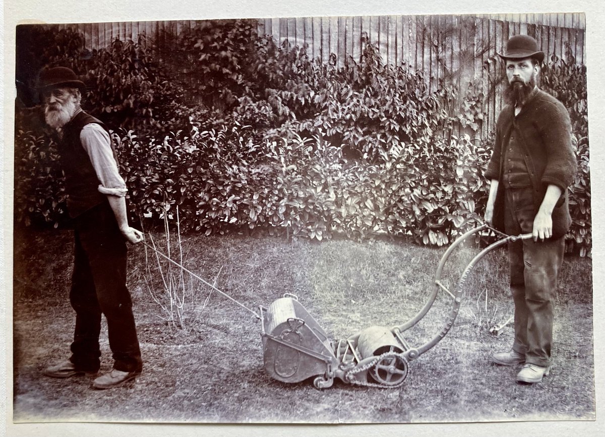 Lawn maintenance in the 1890s, with a Thomas Green & Son Ltd mower. From an uncatalogued photograph album in the Map Department, @theUL. #GardenHistory