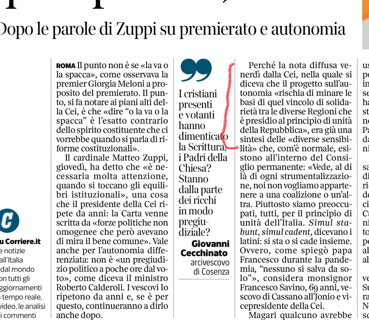 Per la CEI  <a href="/UCSCEI/">@CEI</a> “Il progetto dell’autonomia rischia di minare le basi di quel vincolo di solidarietà tra le diverse Regioni che è presidio al principio di unità della Repubblica.”

#AutonomiaDifferenziata