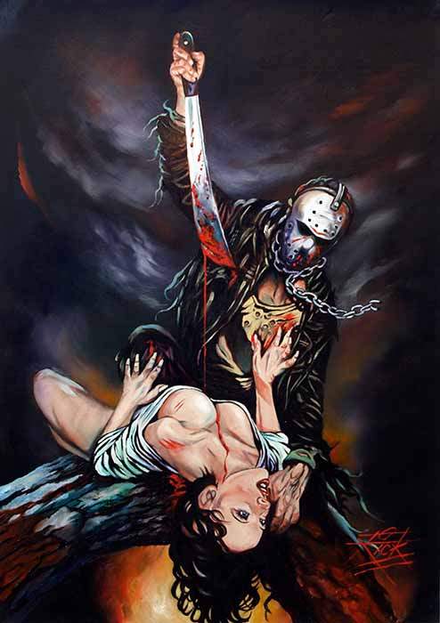 My favourite piece of Jason Voorhees art. 

This piece absolutely encapsulates slasher dominance with the subtle, sexual control that permeates traditional gothic horror. In other words, it's kinda kinky horror.

Horror art: Rick Melton
#HorrorArt #horrorfan