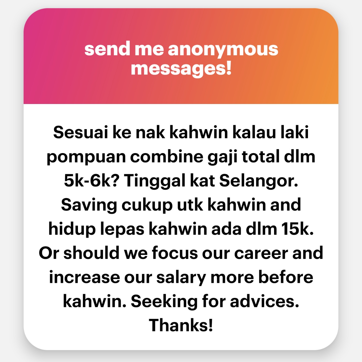 5-6k combine gaji area Selangor tu cukup. Sederhana bukan bermewah. 

Major expenses selalunya rumah, transportation dan makanan. 

Rumah di Selangor lebih murah menyewa dari beli. Orang muda tak perlu rushing sangat beli rumah. 

Transport - pakailah kereta yang mampu milik, tak