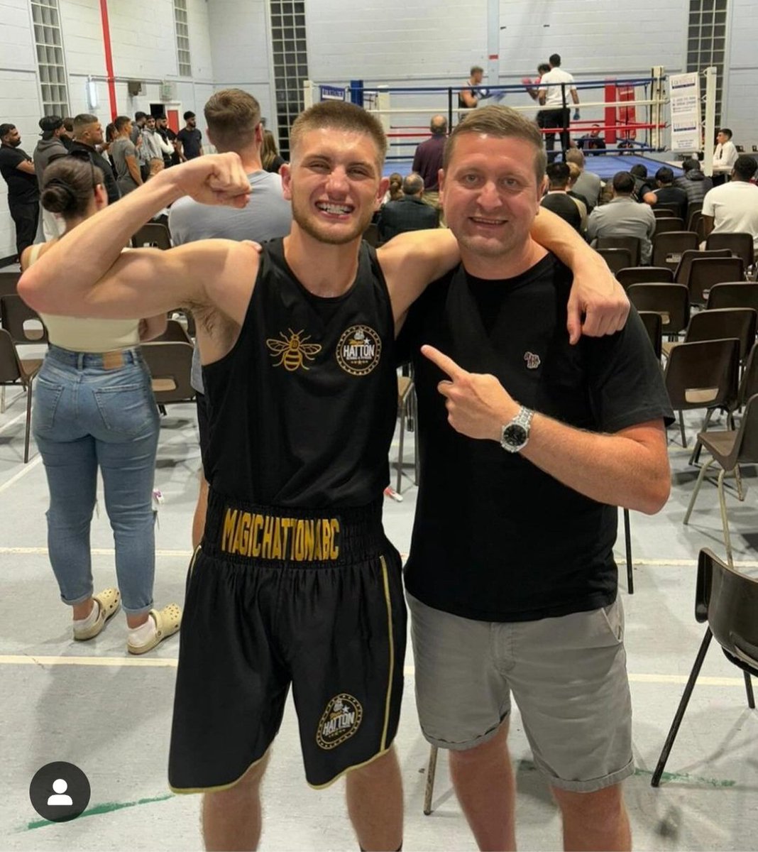 Many congratulations to Callum Husband crowned new champion of The Manchester Boxing Cup last night! So good to see a Husband doing so well in sport where many of us tried so hard before. Here he is with his Dad, our Gaz. Cal is boxing out of @MagicMattHatton's gym.