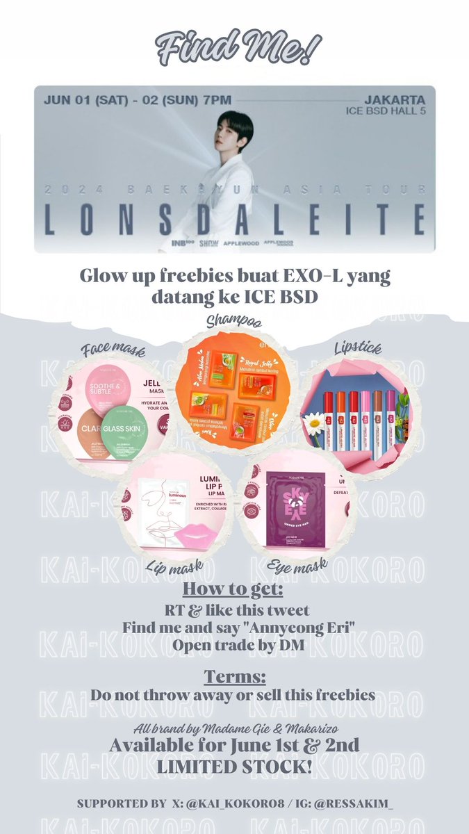 FREEBIES BAEKHYUN Lonsdaleite In Jakarta

How to get
🔹️Like & RT this tweet
🔹️Open trade by DM
🔹️ EXO-L only
🔹️ Find me @KAI_KOKORO8 and say 'Annyeong Eri'

Limited Stock!
🗓️ June 1 & 2
📍 ICE BSD Tangerang
🕛 TBA

#BAEKHYUN #LONSDALEITEinJakarta  #BAEKHYUNinJakarta