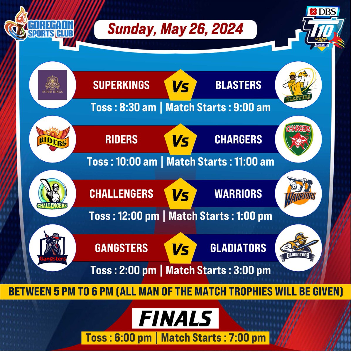 GSC presents T10 Season 3
Batsmen blazing, Bowlers firing – Cricket Battle is on!
Sunday, 26th May 2024.
Enjoy all day long - 5 Matches.
Watch all the thrilling matches Live on our Youtube channel
#GSCCricket #GSCSports #T10 #Season3 #League