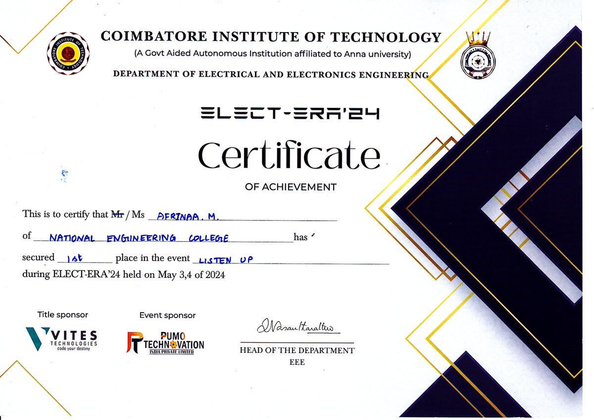 Congrats 👏 👏 👏 Ms.M.Afrinaa, II year EEE, NEC, has won 1st Prize in Listen up Event held at Coimbatore Institute of Technology, Coimbatore.
@NECKVP
#ThinkEEEthinkNEC #necplacement #NECAlumni #Nationalengineeringcollege #kovilpatti #tamilnadu #engineeringadmissions #Placement