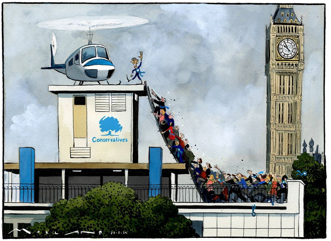 Morten Morland on #RishiSunak #ToryWipeout #Tories #GeneralElection #GeneralElectionUK #GE2024- political cartoon gallery in London original-political-cartoon.com