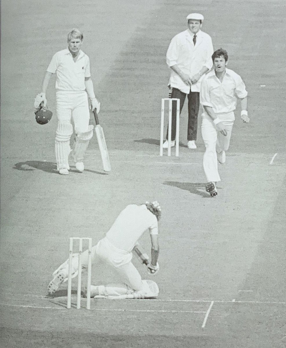 Dickie Bird and Chris Smith look on as a Sir Paddles delivery hits @David215Gower on the head in 1983, certainly the only time I recall our hero getting into such difficulty - didn't make much difference though as he went on to score 72 and 33, and England won by 165 runs