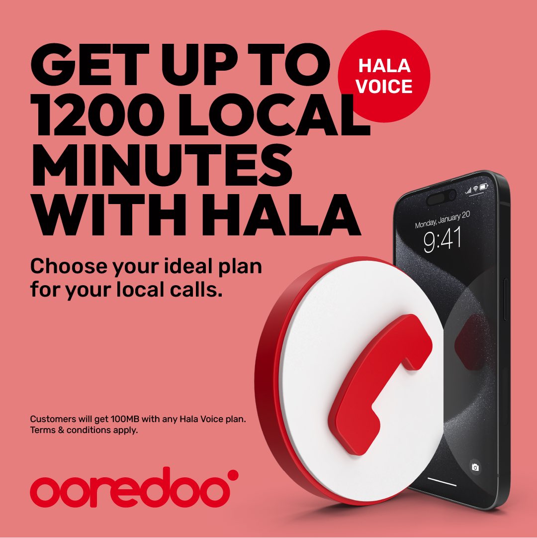 🔴 Enjoy lots of local misnutes to connect with loved ones through our new Hala Voice plans! 📱Voice 10: 100 local minutes & 100 MB, valid for 3 days at QR10. 💫Voice 15: 150 local minutes & 100 MB, valid for 10 days at QR15. 🌟Voice 40: 500 local minutes & 100 MB, valid for 30
