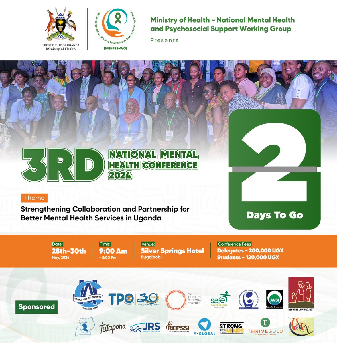Mental Health & Psychosocial Support Working Group (@nmhpsswg) on Twitter photo The count down to the big event of the year begin.
<a href="/MinofHealthUG/">Ministry of Health- Uganda</a>
<a href="/counsellingug/">Uganda Counselling Association (UCA)</a> <a href="/TpoUg/">TPO Uganda</a> <a href="/refugeelawproj/">Refugee Law Project</a> <a href="/africar_centres/">AfricaRetreatCentres(ARC)</a> <a href="/REPSSI/">REPSSI</a> <a href="/MakeStrongMinds/">StrongMinds</a> @safe_treatment <a href="/THRIVEGulu/">THRIVEGulu</a> <a href="/naswu_/">National Association Of Social Workers of Uganda</a> <a href="/CVTorg/">Center for Victims of Torture</a> <a href="/UPAuganda/">UPA</a> The count down to the big event of the year begin.
<a href="/MinofHealthUG/">Ministry of Health- Uganda</a>
<a href="/counsellingug/">Uganda Counselling Association (UCA)</a> <a href="/TpoUg/">TPO Uganda</a> <a href="/refugeelawproj/">Refugee Law Project</a> <a href="/africar_centres/">AfricaRetreatCentres(ARC)</a> <a href="/REPSSI/">REPSSI</a> <a href="/MakeStrongMinds/">StrongMinds</a> @safe_treatment <a href="/THRIVEGulu/">THRIVEGulu</a> <a href="/naswu_/">National Association Of Social Workers of Uganda</a> <a href="/CVTorg/">Center for Victims of Torture</a> <a href="/UPAuganda/">UPA</a>
