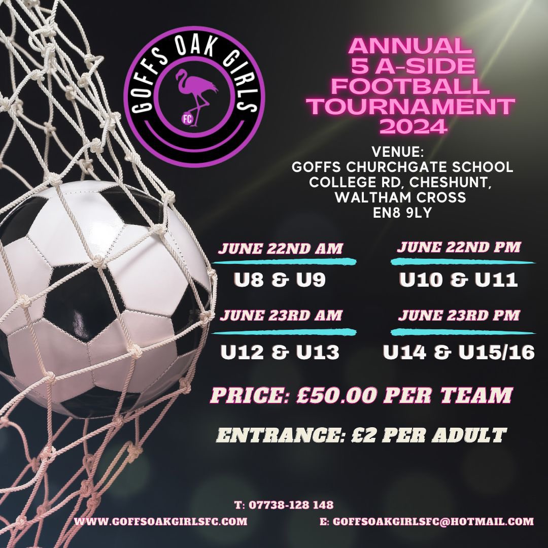 U10 U11 U15 now full last remaining spaces on the other ages. Don’t delay book today! Link below.  

tournify.uk/live/goffsoakg…
