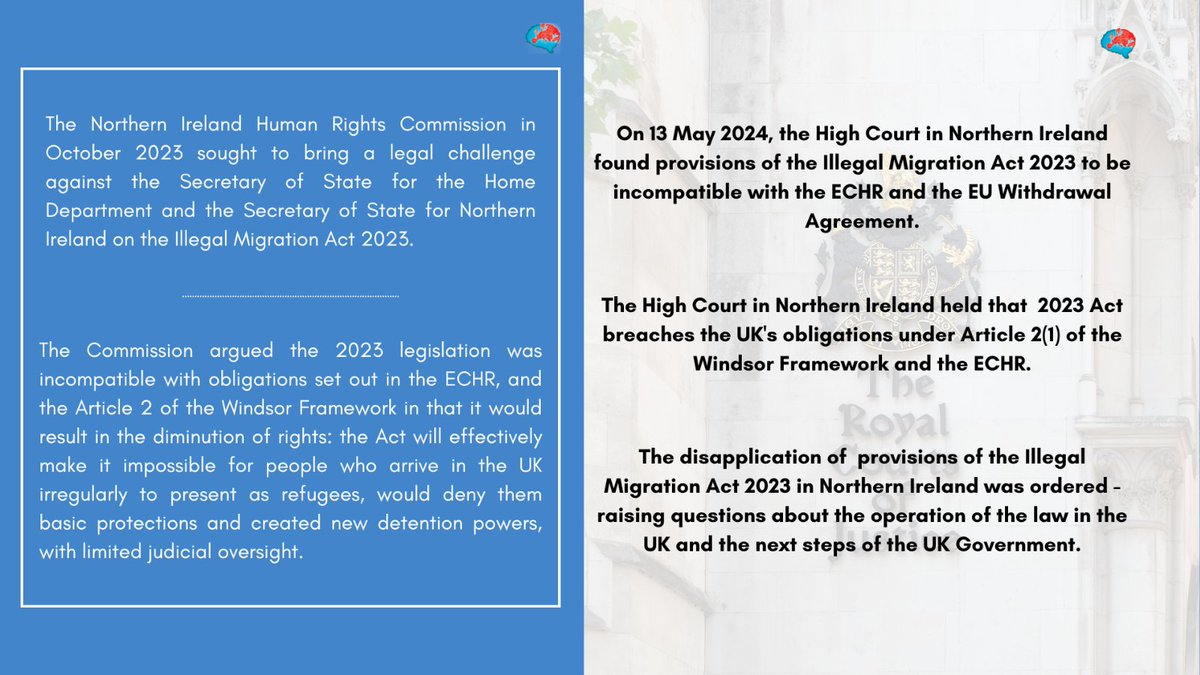 ⚡️On the 13th May 2024, the High Court of Northern Ireland found provisions of the Illegal Migration Act 2023 to be incompatible with the European Convention on Human Rights and the EU Withdrawal Agreement. 💡Learn more about what this seminal legal challenge means below.