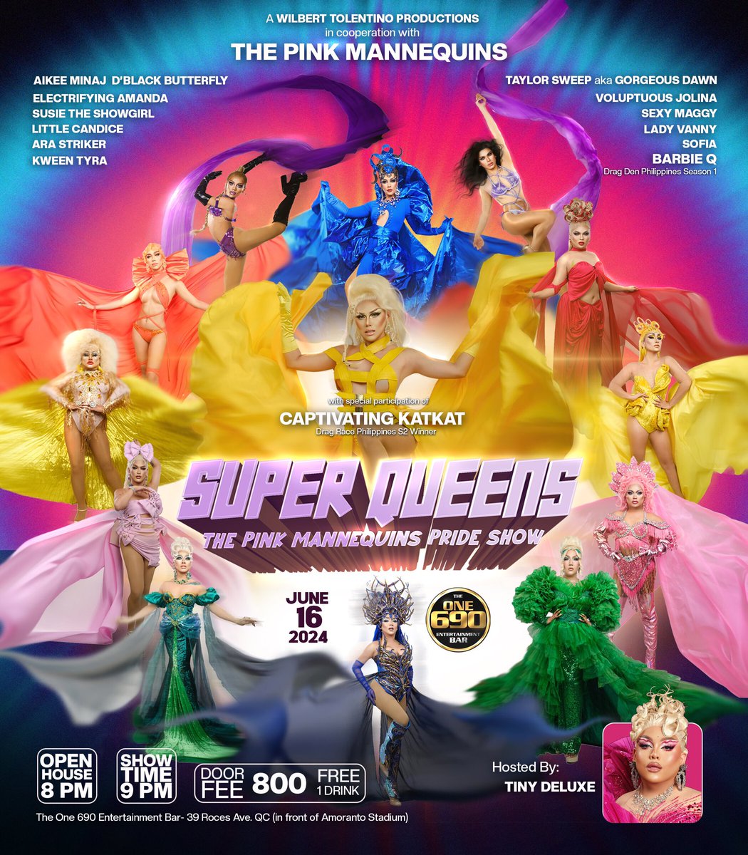 SUPER QUEENS.. the Pink Mannequins PRIDE SHOW 

date: June 16, 2024
ticket: P800 pesos / 1 free drink
venue: The One 690 entertainment bar
may mga surprise guest Queens pa! 

#pride  #pride🌈 #PinoyDrag #dragqueensofinstagram #DragRacePH #DragDenPh #TransQueen