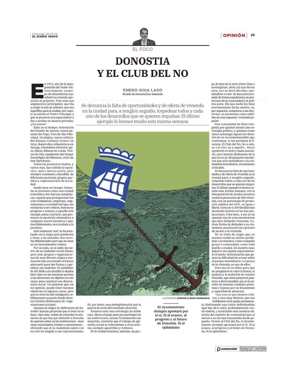 EnekoGoia's tweet image. 📝Azken asteetan izandako hainbat gertakariren ondoren, iritzi artikulua idatzi dut @diariovasco egunkarian. 

Aquí tenéis el articulo de opinión que he publico hoy en El Diario Vasco: “Donostia y el club del NO”.

➡️ diariovasco.com/opinion/eneko-…

#Donostia #SanSebastian