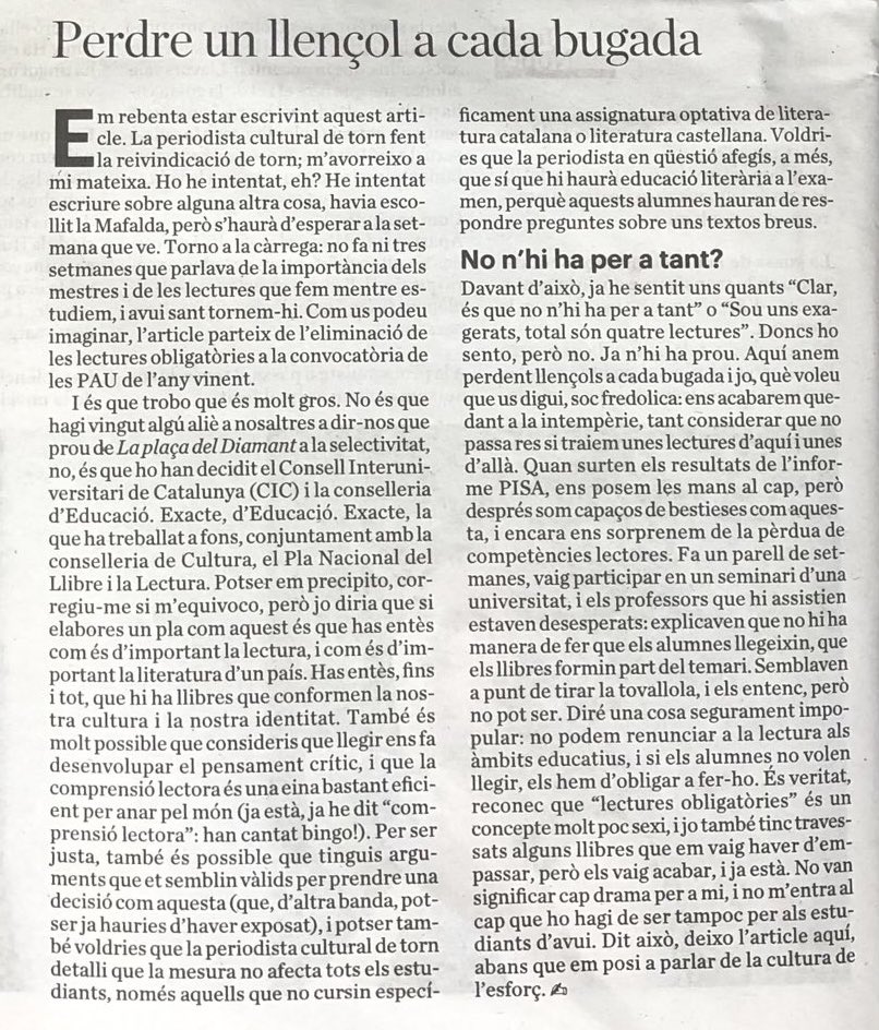 Sergi M (@sergim331) on Twitter photo Anna Guitart ho clava respecte a l’eliminació de les lectures obligatòries al batxillerat Anna Guitart ho clava respecte a l’eliminació de les lectures obligatòries al batxillerat