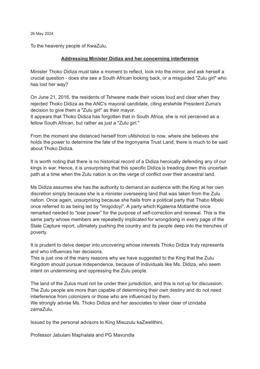 OPEN LETTER: PG Mavundla, in his capacity as personal advisor to King Misuzulu kaZwelithini, addresses Minister Thoko Didiza and the Ingonyama Trust.