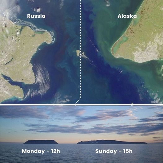 Diomede adaları birbirinden yalnızca 4,8 Km uzaktadır ancak büyük ada, küçük komşusundan neredeyse bir gün (21 saat) öndedir. Çünkü Uluslararası Tarih Çizgisinin her iki yanında bulunuyorlar. Bu çizgi, Pasifik Okyanusu'ndan geçer ve bir takvim günü ile diğeri arasındaki sınırı