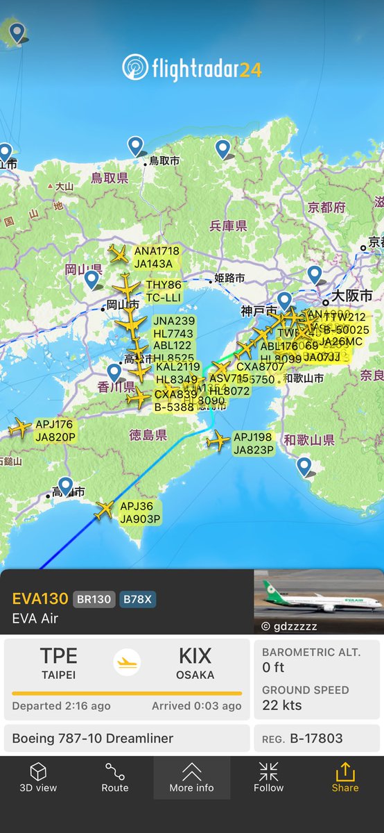 Flight BR130 from Taipei to Osaka fr24.com/EVA130/3562fcea 到着機の列がすごい