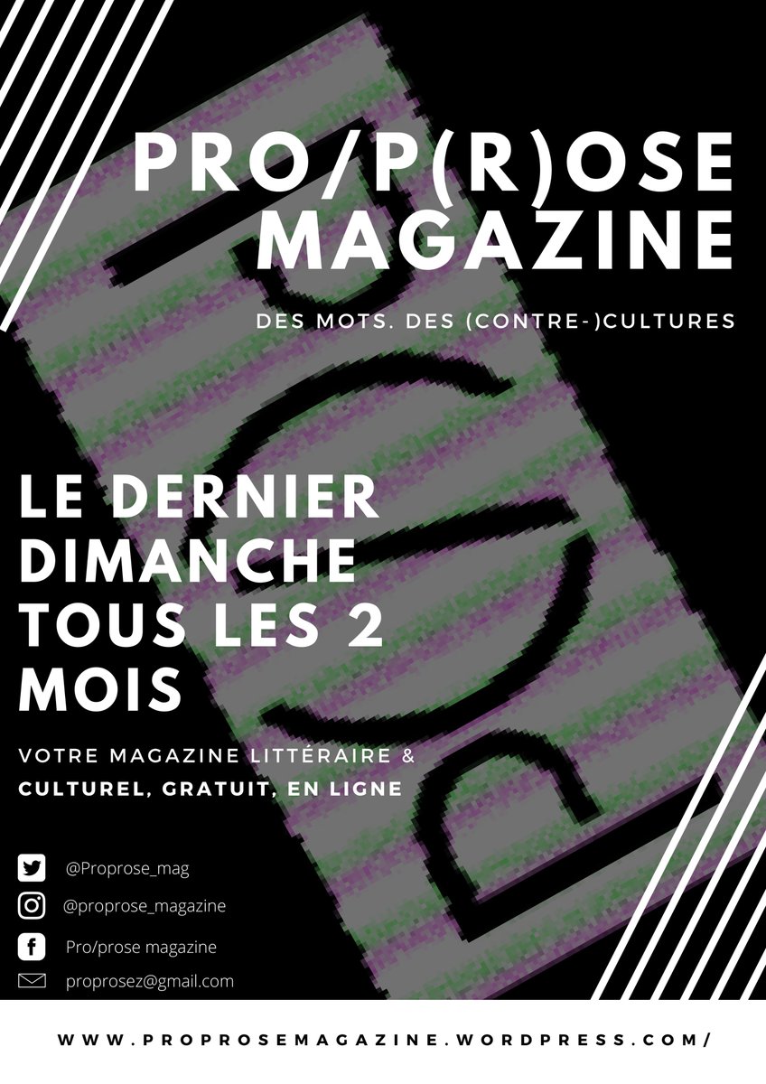 Mai 2024 | Sommaire |  Pro/p(r)ose Magazine vous fait (re)découvrir des univers littéraire et poétique singuliers à travers des interviews, des chroniques mais aussi des créations inédites à retrouver en exclu entre nos pages numériques :
proprosemagazine.wordpress.com/2024/05/26/pro…