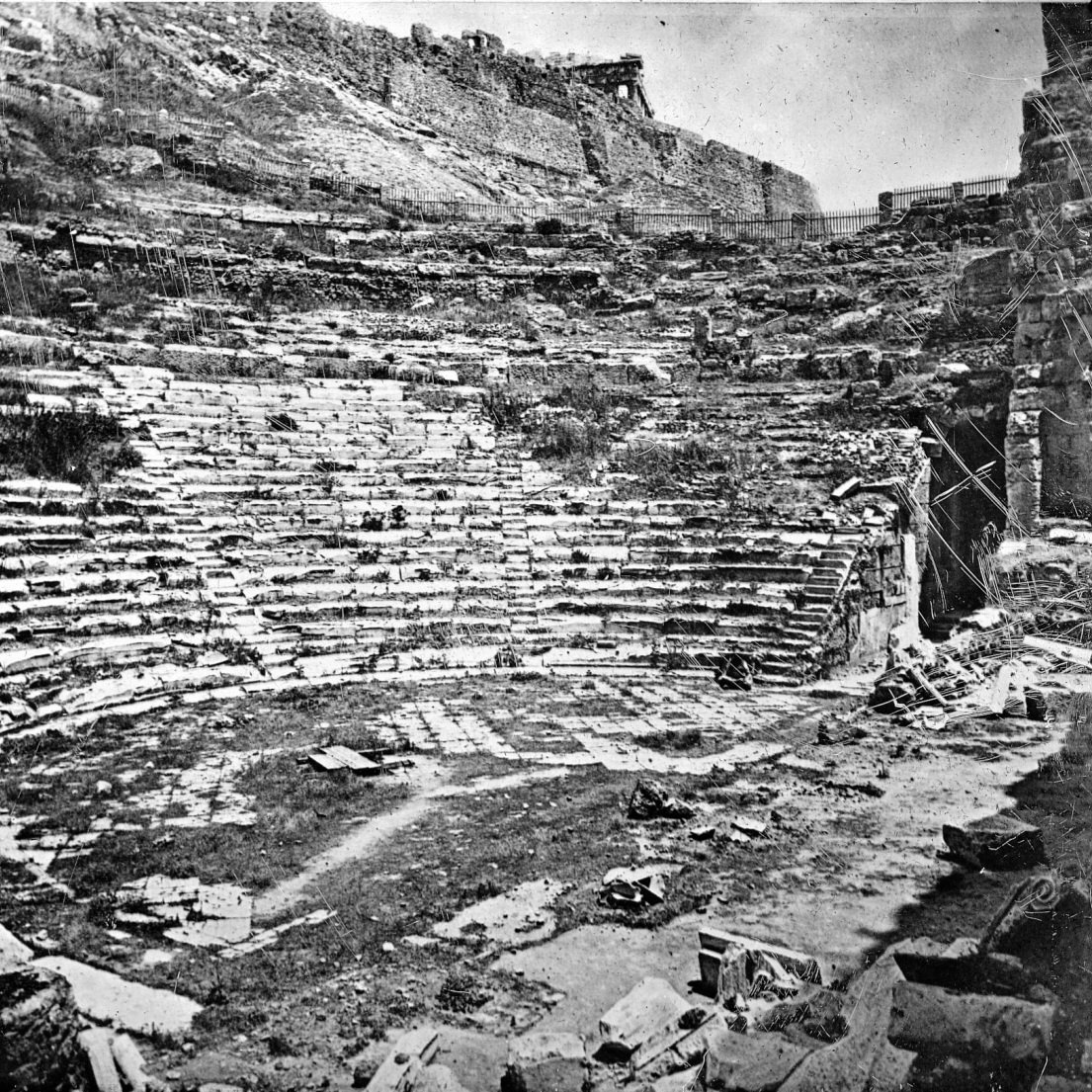The Odeon of Herodes Atticus is a Roman Theatre on the slopes of the Acropolis in Athens. It was completed c. AD 161, destroyed by 267, and renovated in 1950. Now the Theatre is used for the Athens Festival, May - Oct. 1st photo shows the theatre now, other photos from the 1880s.