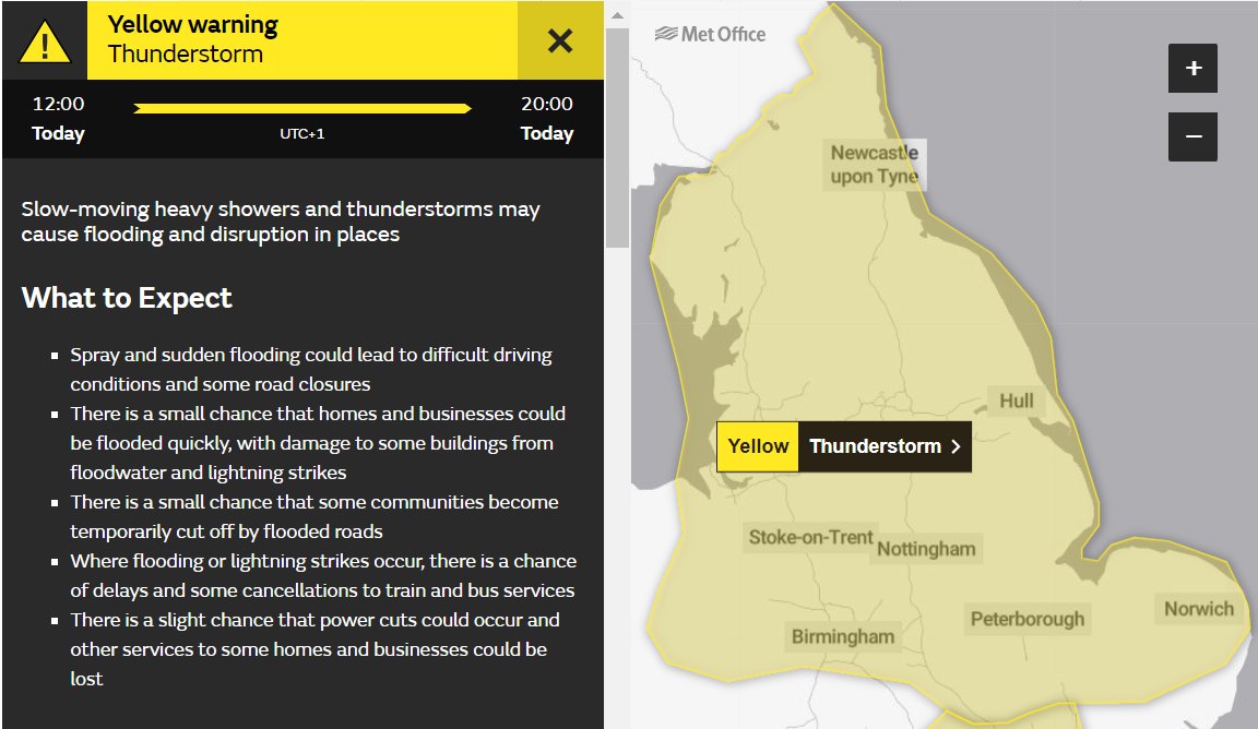 ⚠️ Yellow weather warning updated⚠️ Thunderstorms across northern England, the Midlands, East Anglia and northeast Wales- the region covered by the warning has been extended north and east Sunday 1200 - 2000 Latest info 👇 bit.ly/WxWarning Stay #WeatherAware ⚠️