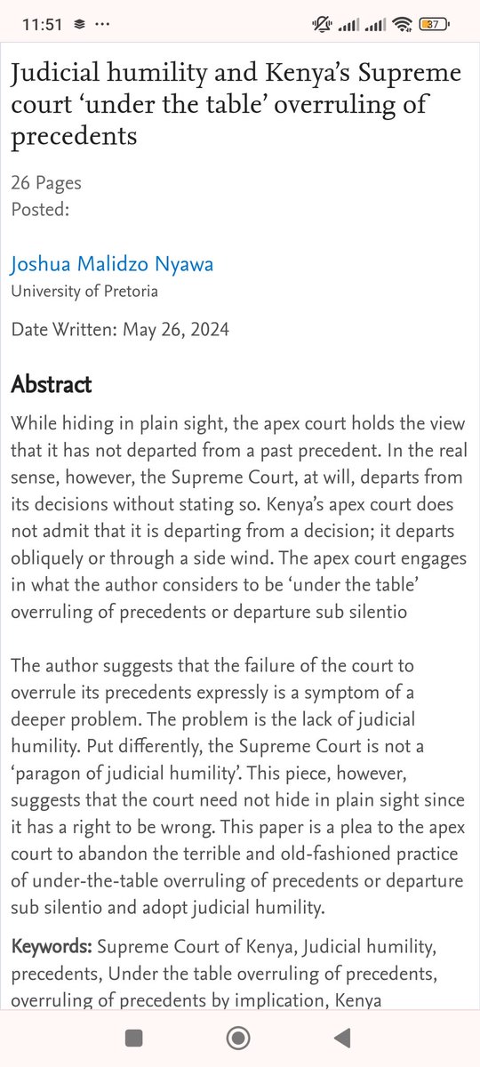 My latest article 'Judicial humility and Kenya’s Supreme court ‘under the table’ overruling of precedents' forthcoming in @ThePlatform_KE is now on SSRN. Here is a plea to the Apex court to abandon the departure sub silentio and adopt judicial humility. papers.ssrn.com/sol3/papers.cf…