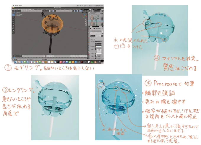 昨日のイラストのメイキング?解説?実験的に3DCGでリアルなモデルを作ってから描いてみましたが、透明なモチーフの描写や空気感の出し方など、新しい気付きもありました。 