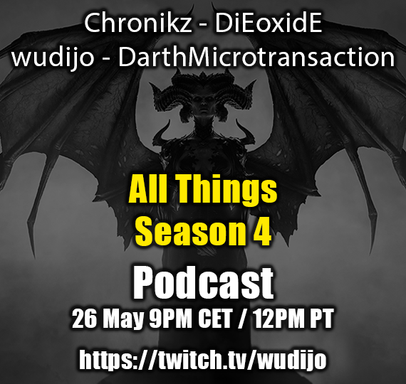 New #DiabloIV podcast tonight! This time featuring my <a href="/maxrollgg/">maxroll</a> friends <a href="/ChronikzTR/">Chronikz</a>, <a href="/DiEoxidE_/">DiEoxidE</a> and <a href="/DarthMicroT/">Darth Microtransaction</a>. We'll talk about Season 4 items, theme, meta and the future of the game. Be there @ 9pm CET/12pm PT on my Twitch.
