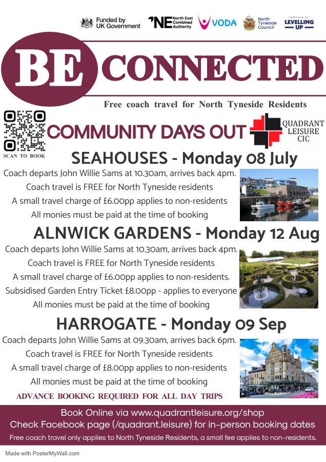 Our exciting #UKSPF funded #beconnected project has another #community engagement opportunity.

Free funded places for #northtyneside residents. £6 others.

MON 8 JULY - SEAHOUSES.
Bookings are now live
quadrantleisure.org/shop
<a href="/NorthEast_CA/">North East Combined Authority</a> <a href="/NTynesideVODA/">North Tyneside VODA</a> <a href="/ageuknt/">Age UK North Tyneside</a> <a href="/NTCouncilTeam/">North Tyneside Council</a>