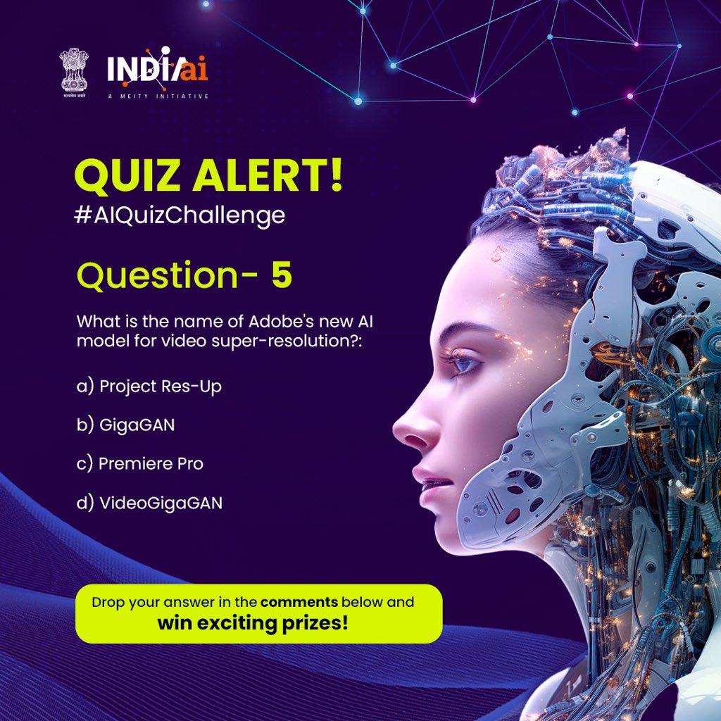 Last chance for the #AIQuizChallenge! Take on this question straight from our latest articles and show off your AI knowledge.   Leave your answer below and see if you can get all 5 questions correct! P.S. Don't forget to follow INDIAai on all platforms: Twitter, Instagram,