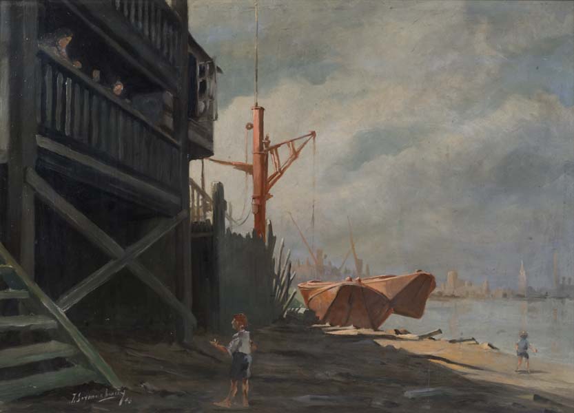 Children search for pennies in the Thames mud at low tide. The building in the background is the famous riverside tavern, The Prospect of Whitby, a regular drinking place for Charles Dickens, Samuel Pepys and James Whistler. 🎨 J. Seymour Lindsay, 1940 #PaintingLondon