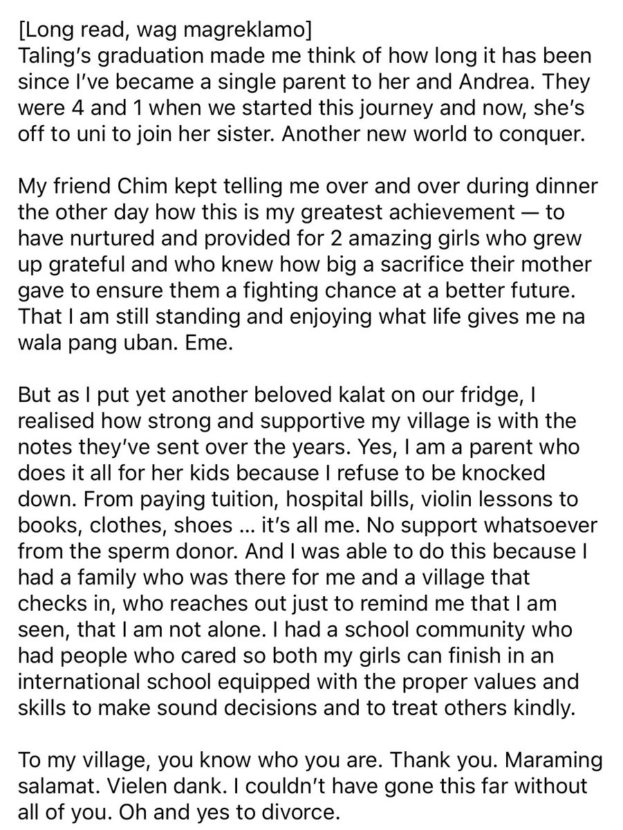 MadamHiddles's tweet photo. Kwentong single nanay. Kase nga nag emote ako kanina.

Hindi biro maging solo parent in this economy. Worse if you have an ex who does not even give any share in the bagets’ expenses like tuition. Kaya I’m super thankful to my village who listened and kept me sane the past 17yrs. https://t.co/PQb9dTSFbP