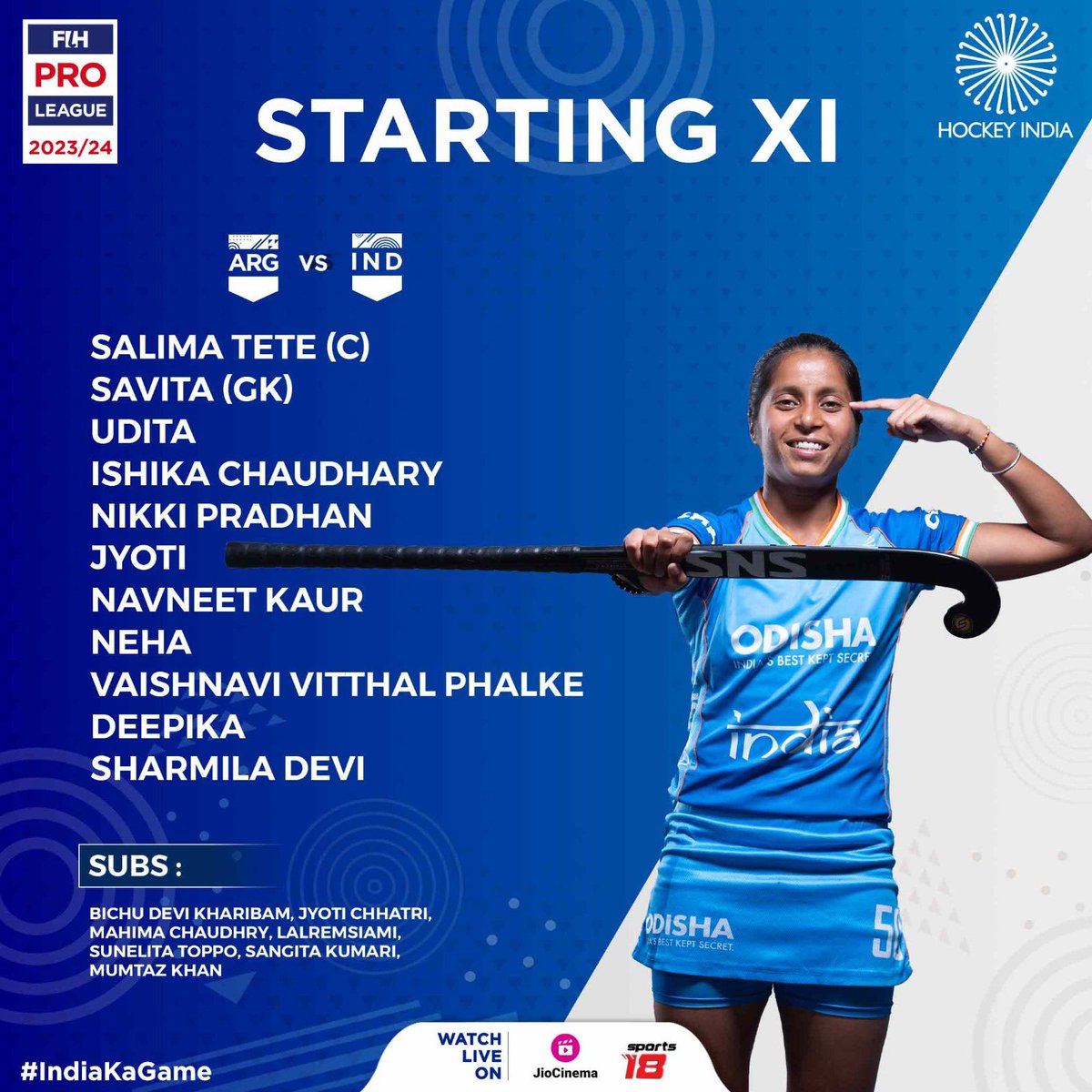 Here’s Team India’s starting XI ready to go to war against Team Argentina. 🇮🇳🏑

Game on! 💙

#HockeyIndia #IndiaKaGame #FIHProLeague24 #IndiaWomensTeam
.
.
.
.
@CMO_Odisha @FIH_Hockey @IndiaSports @Media_SAI @sports_odisha @Limca_Official @CocaCola_Ind