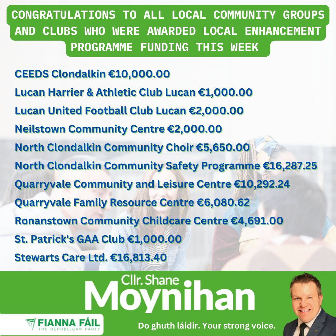 Congratulations to all local groups and clubs who received grant awards totalling more than €75,000 under the Local Enhancement Programme this week. This is an extraordinary vote of confidence in the important work of the volunteers who drive them as well. #palmerstownfonthill