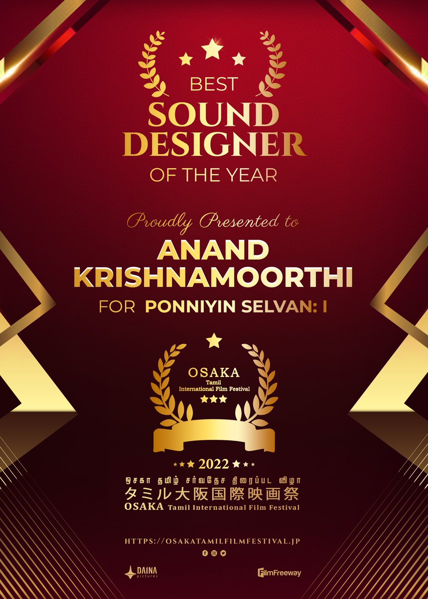 #OTIFF2022 Best Sound Designer Award Proudly presented to Anand Krishnamoorthi for Ponniyin Selvan: I @actor_jayamravi @chiyaan @Karthi_Offl #Maniratnam @osaka_tamil @Rajini_Japan @KskSelvaKumaar @SureshDaina