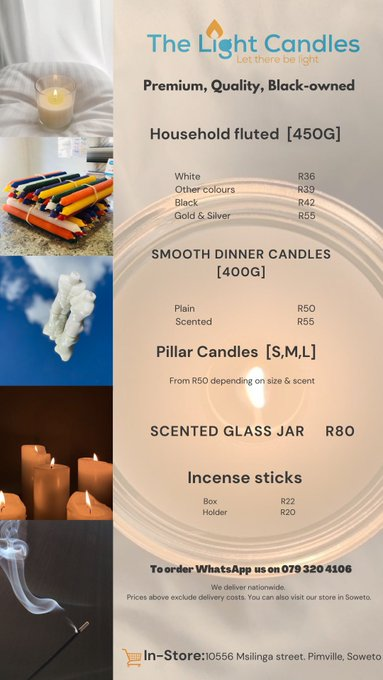 KasiEconomy's tweet photo. Introducing Africa’s First Black Youth Owned Candle Manufacturing Factory, The Light Candles. The founder (Makatu Tshivhula) started it 4 years ago and it has since grown to become a much loved household brand among churches, spiritual healers and everyday citizens who are affected by load shedding. The Light Candles are known for their great quality with a burn time of 11-12 hours per candle and offer a range of up to 30 different colours. Let’s support this young man 🇿🇦 @LightCandlesZA