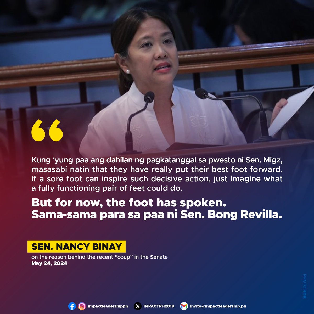 'THE FOOT HAS SPOKEN'

Sen. Nancy Binay says she was surprised to learn that the reason behind the recent 'coup' in the Senate was a sore foot.