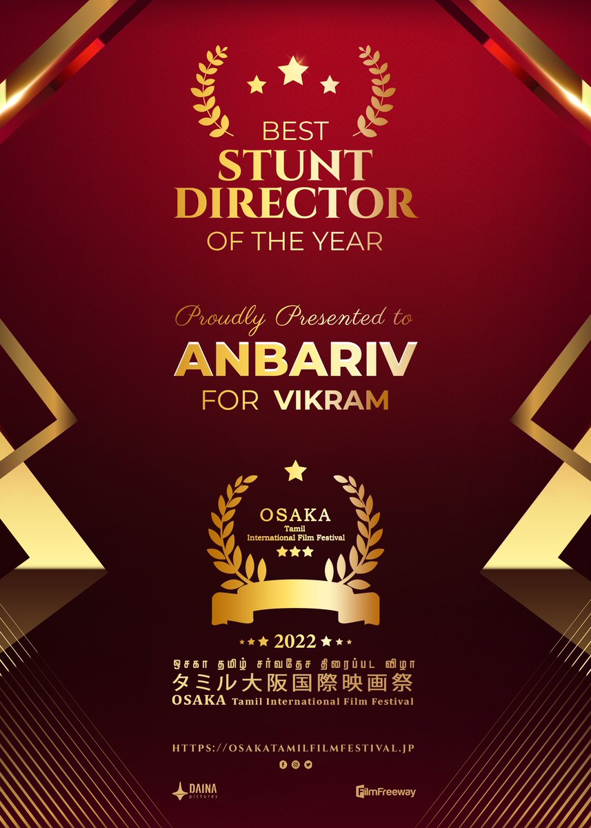 #OTIFF2022 Best Stunt Director presented to @anbariv Master for #Vikram @Dir_Lokesh @ikamalhaasan @osaka_tamil @Rajini_Japan @KskSelvaKumaar @SureshDaina