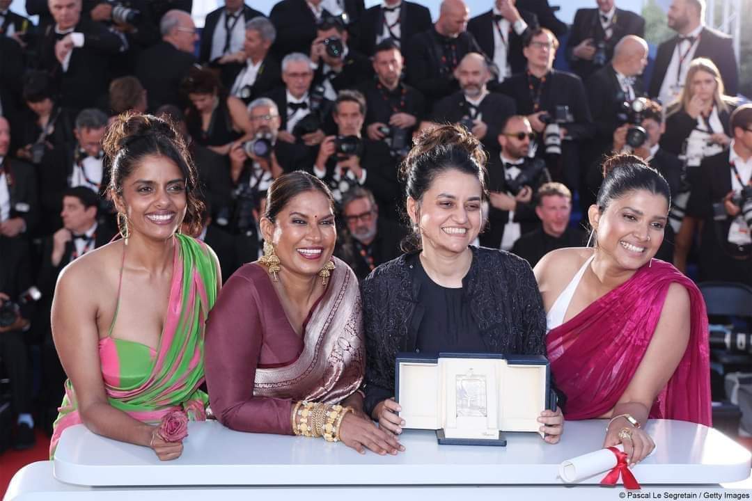 Mohanlal's tweet photo. A momentous occasion for Indian Cinema as Payal Kapadia, Kani Kusruthi, Divya Prabha, Chhaya Kadam, and the talented team behind "All We Imagine as Light" bask in glory! 

Immense love and gratitude to Anasuya Sengupta and the illustrious Santosh Sivan for their remarkable contribution, elevating India's stature at #Cannes2024!
